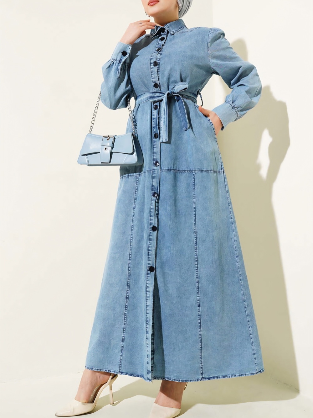 Modest Belted Denim Shirt Dress – Button-Front Maxi